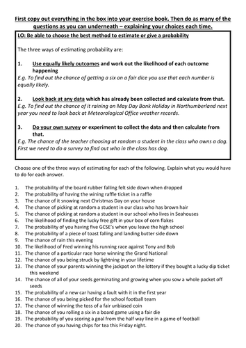"The three ways to estimate probability are" worksheet Experimental Data Survey Equally Likely