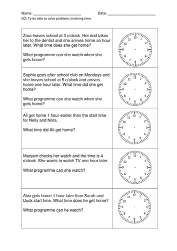 Year 1 - Maths Time Problems (New Curriculum) 