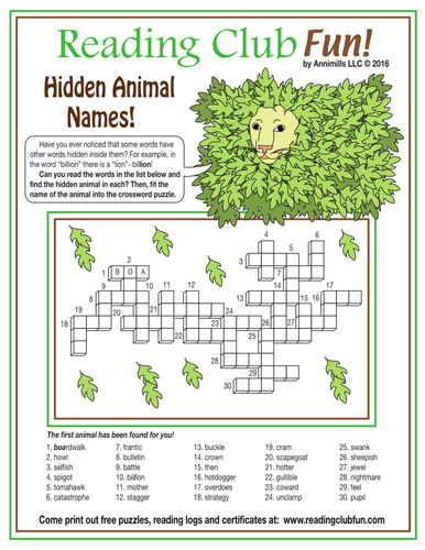 Hidden Animal Names Crossword Puzzle