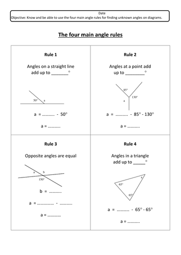 Angle Rules Simple Complete the blanks Cloze Work Sheet