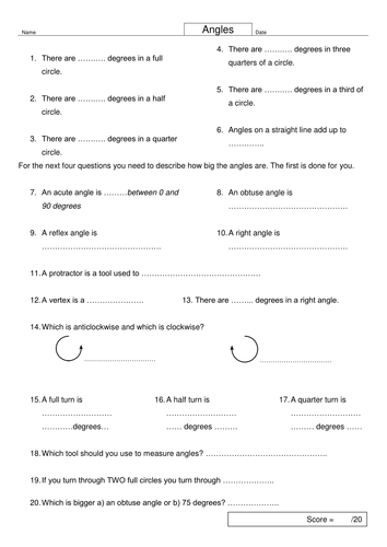 Angles Basic Rules Fill in the Blanks Cloze Worksheet