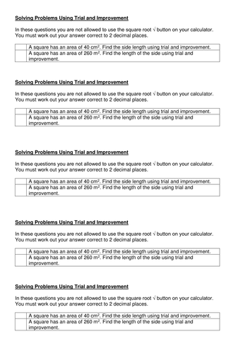 Two question worksheet on solving square root questions by using trial and improvement