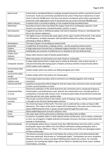 Tectonics Geography Earthquakes Volcanoes Earth Key word Glossary of Terms