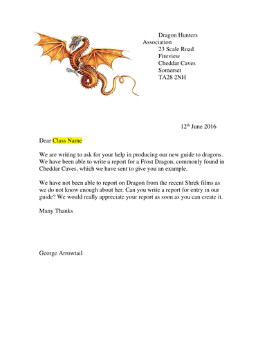 Non-Chronological Report/Information Text on Dragons with task letter from Dragon Hunters