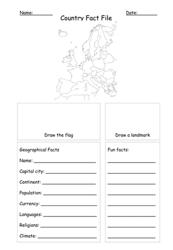 Country Fact File Europe Map Template Worksheet Geography Euro Football