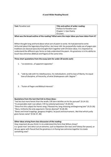 Paradise Lost Plans for OCR A Level