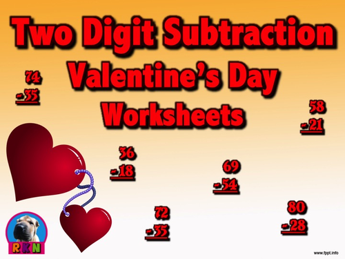 Two Digit Subtraction Worksheets - Valentine's Day Themed II - Vertical