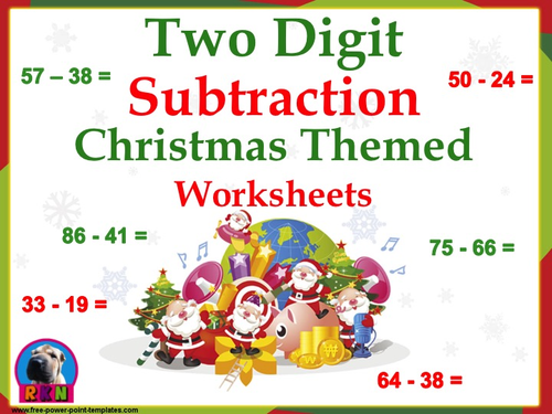 Two Digit Subtraction Worksheets - Christmas Themed - Horizontal