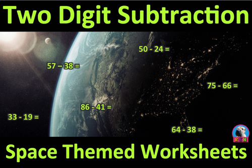 Two Digit Subtraction Worksheets - Space Themed - Horizontal