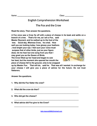 English Prehension Worksheet "The Fox And The Crow