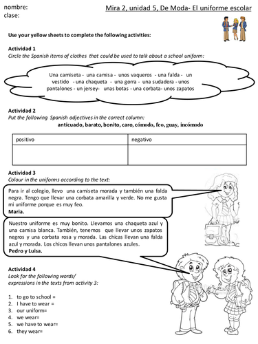 Mira 2, unit 5, De Moda, El uniforme - worksheet