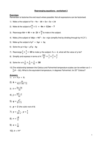 Rearranging equations - worksheet 3 | Teaching Resources