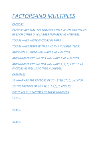 Factors, Multiples and Primes