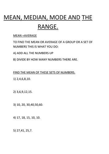 Mean, Median, Mode and the Range worksheets 