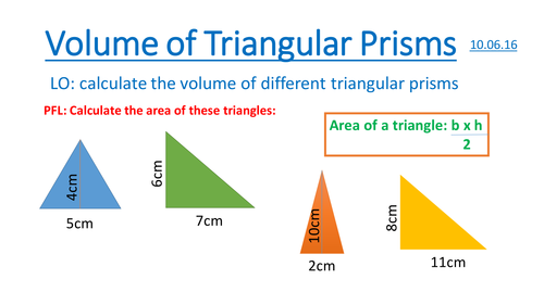 Volume of Triangular Prisms - Powerpoint and good scaffolded worksheet 