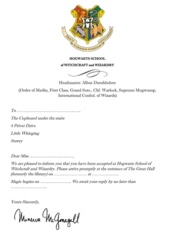 Acceptance to Hogwarts letter - invite to literary school event