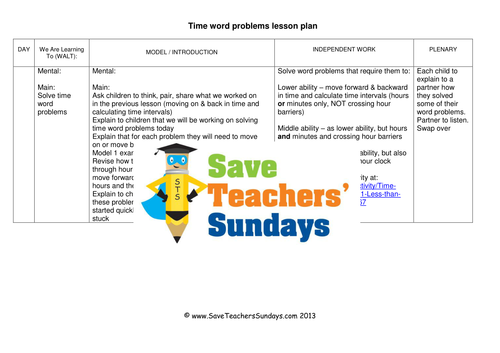 Time Word Problems KS2 Worksheets, Lesson Plans and Model Worksheet