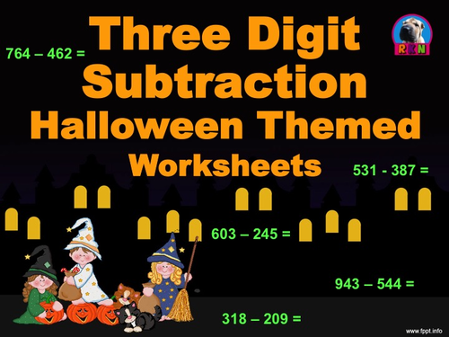 Three Digit Subtraction Worksheets - Halloween Themed - Horizontal