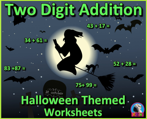 Two Digit Addition - Halloween Themed Worksheets - Horizontal