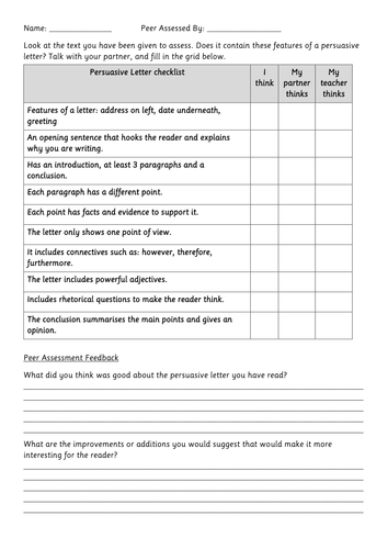 Lower KS2 Persuasive Letter Checklist - Self Peer and Teacher Assessment