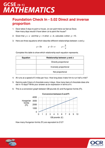 OCR Maths: Foundation GCSE - Check In Test 5.02 Direct and inverse proportion