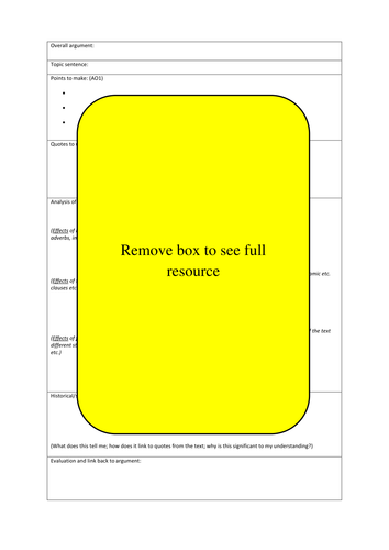 English Literature A-Level: Grid to help students plan paragraphs
