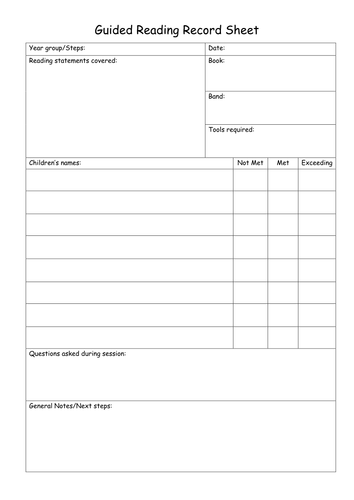 Guided Reading record sheet