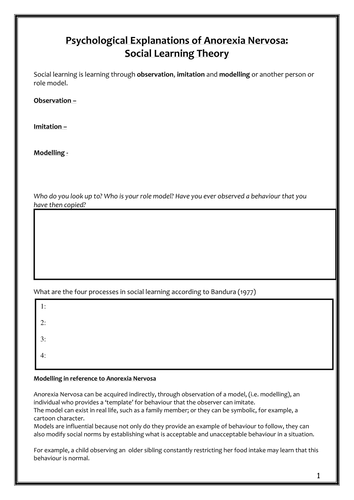 Eating Behaviour - Social Learning Theory  - Explanation of Anorexia - AQA - New Specification