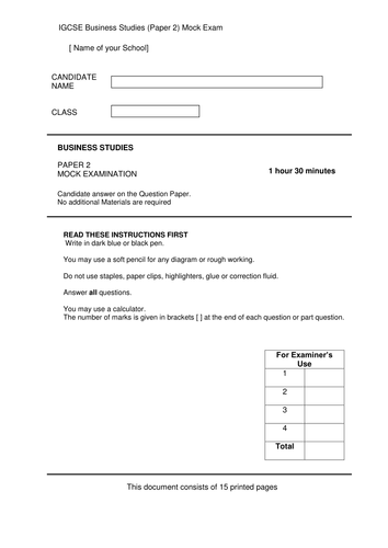 igcse business studies paper 2 mock exam by munyee1980 teaching