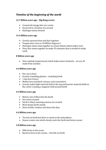 Timeline for the beginning of the world