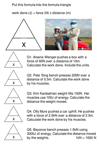 Work done questions and answers worksheet with formula triangle - for foundation GCSE students