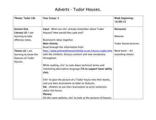KS2 Literacy adverts Tudor houses