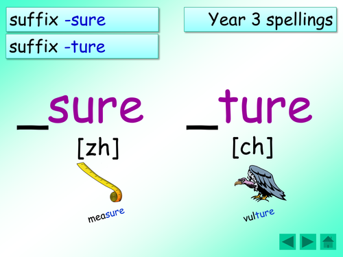 Year 3 spellings: word endings: -sure [zh] [measure] and ture [ch] [picture] - ppt and activities