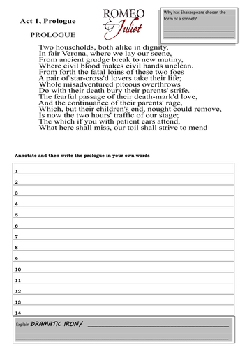 Romeo and Juliet The Prologue Worksheet Activities