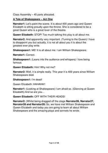 Shakespeare Class Assembly - 45 parts allocated