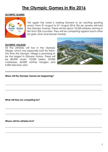 Olympic Games / Paralympic Games Rio 2016 - Comprehension (11 pages, differentiated)