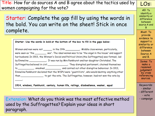 KS3 Assessment - Women campaigning for the vote. Double lesson pack!