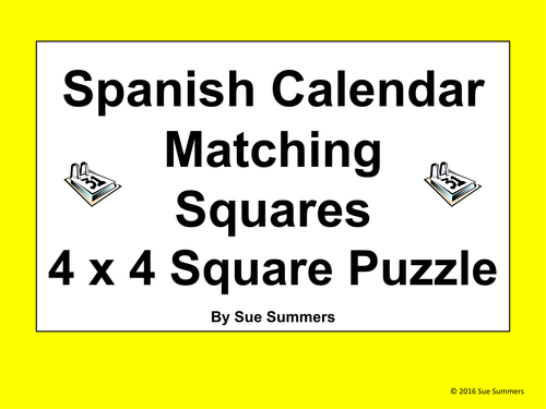 Spanish Calendar 4 x 4 Matching Squares Puzzle - Days, Months, Seasons