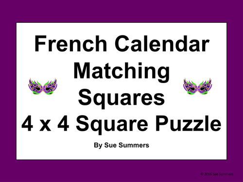 French Calendar 4 x 4 Matching Squares Puzzle - Days, Months, Seasons