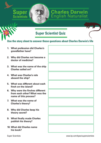 The Story of Charles Darwin Quiz Sheet