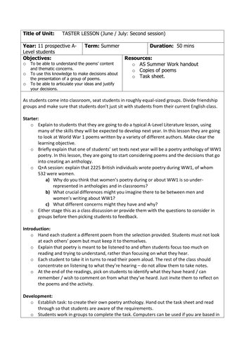 English Literature A-Level: Induction Lesson to introduce WW1 Literature