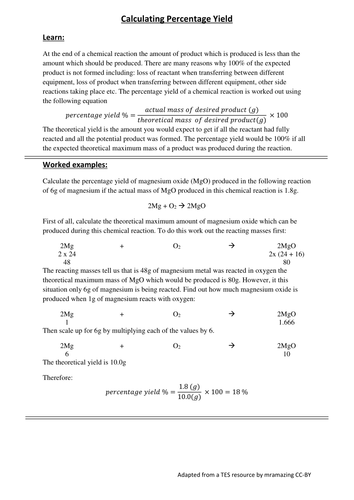 Chemistry: Calculating Percentage Yield