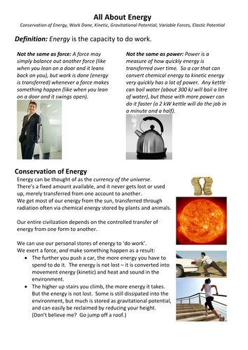 All About Energy: 7-page booklet of conceptual explanations and examples for A-level Mechanics 2