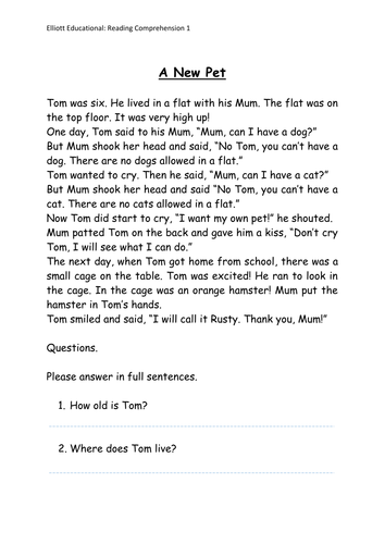 A New Pet - Year 1/2 Reading Comprehension by 