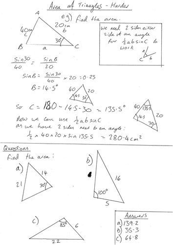 Areas of Triangles Using Trigonometry - Complete Lesson by tomotoole ...