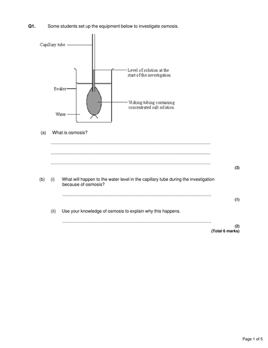 Osmosis exam questions and mark scheme