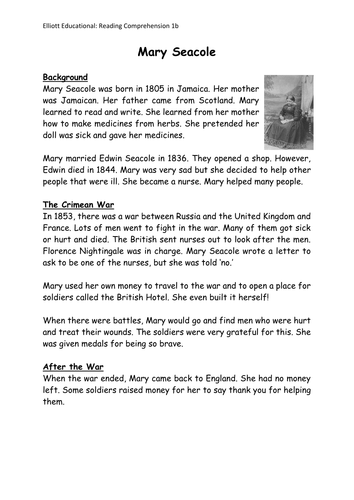 KS1 Non-fiction Reading Comprehension text and questions on the Victorian Mary Seacole.