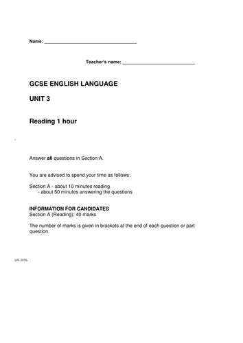 New GCSE English Language specification Unit 3 reading exam assessment