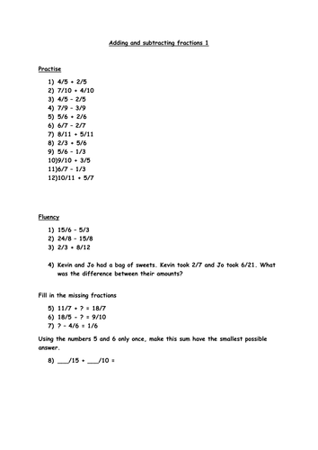 Adding and subtracting fractions year 5 teaching resources