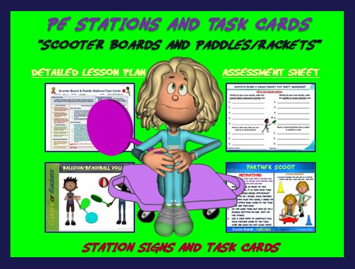 PE Manipulative Stations and Task Cards- “Scooter Boards and Paddles/Rackets”